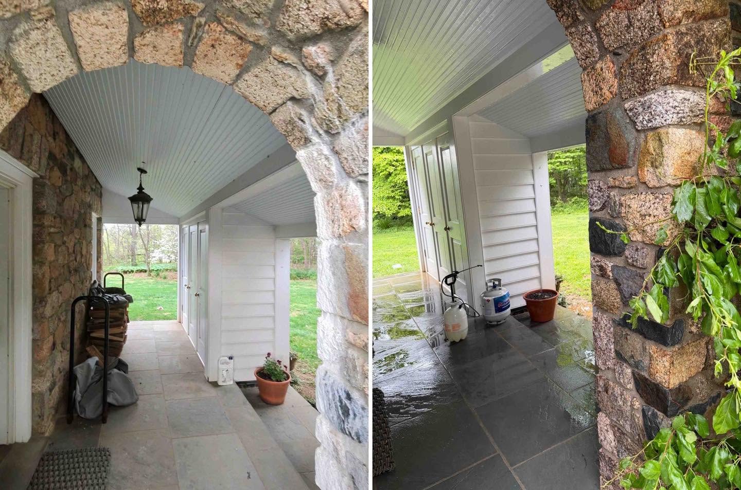 Stone and flagstone patio cleaning under a covered porch in Winchester, VA